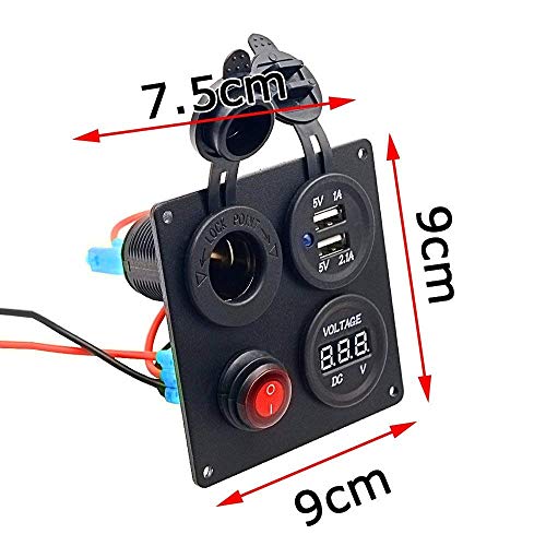 TURN RAISE Dual USB Charger Aluminum Switch Panel + LED Voltmeter + 12V Power Socket + ON-Off Button Switch Four Hole Panel for Car Boat Marine Truck Motorcycle RV ATV Vehicles GPS Mobile Phone