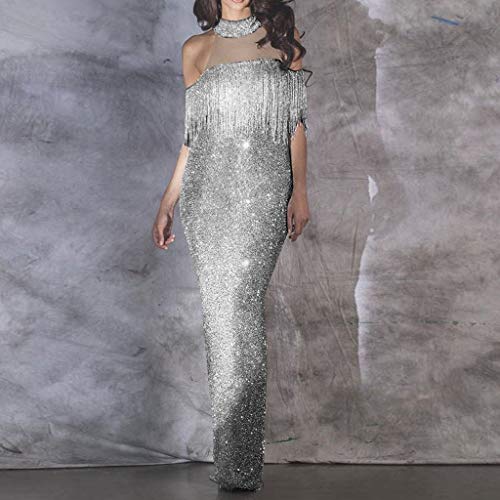 Aunimeifly Women Halter Sequin Tassel Long Dress Evening Formal Mermaid Gown Ladies Bodycon Prom Dresses(XL,Silver)