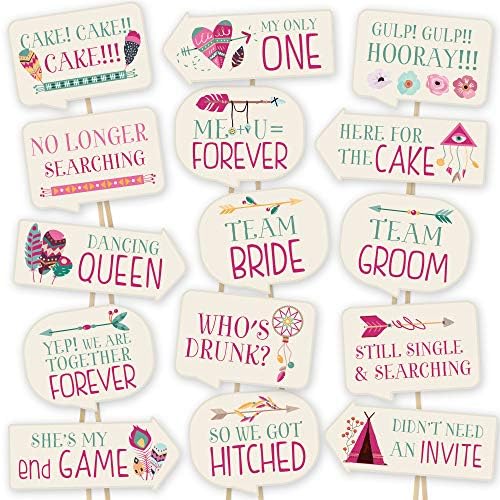 Wedding Photo Booth Props By PartyGraphix - Wedding Party Supplies - Boho Wedding Photo Booth Signs - Wedding, Bridal Shower Party Decorations - Easy To Assemble Selfie Props Wedding Kit 15 Pieces