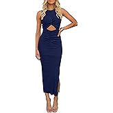 oten Women's Sexy Cut Out Ruched Bodycon Maxi Dress Sleeveless Tie Knot Slit Ribbed Party Club Night Out Dresses