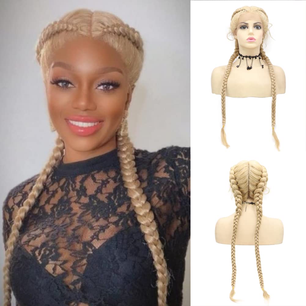 AFbeauty 30Inch Extra Long Blonde Dutch Twins Braided Wig for Women Handmade Blonde 613 Lightweight Swiss Lace Front Wigs Synthetic Double Braids Daily Wear