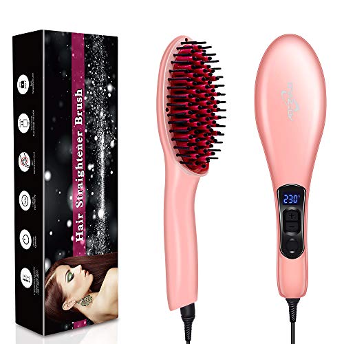 ADTZYLD Hair Straightener Brush, Hair Straightening Brush Comb Ionic Ceramic Upgraded Professional LCD Display Electric Straightening Irons Straight for Women (Pink)