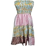 Mogul Interior Women's Two-Way Strapless Dress Skirts Patchwork Ruched Waist Printed Sari Boho Style