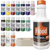 Floetrol Pouring Medium for Acrylic Paint Pouring Bundle 1-Quart | Flood Flotrol Additive | 16 2-Ounce Acrylic Paints | Pixiss Wood Mixing Sticks