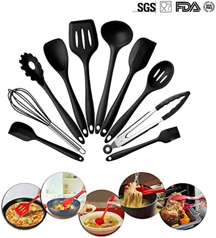 10 Piece Silicone Kitchen Utensils Set,Home Baking Cooking Tools Cookware Gadgets Contains Pasta Fork,Spoonula,Tong,Slotted Spoon,Ladle,Turner,Large Spatula,Small Spatula,Basting Brush,Whisk (Black)