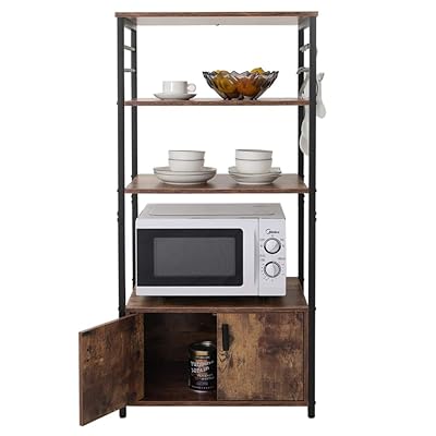 Iwell 4-Tier Kitchen Baker's Rack with Cabinet and Hooks, Black