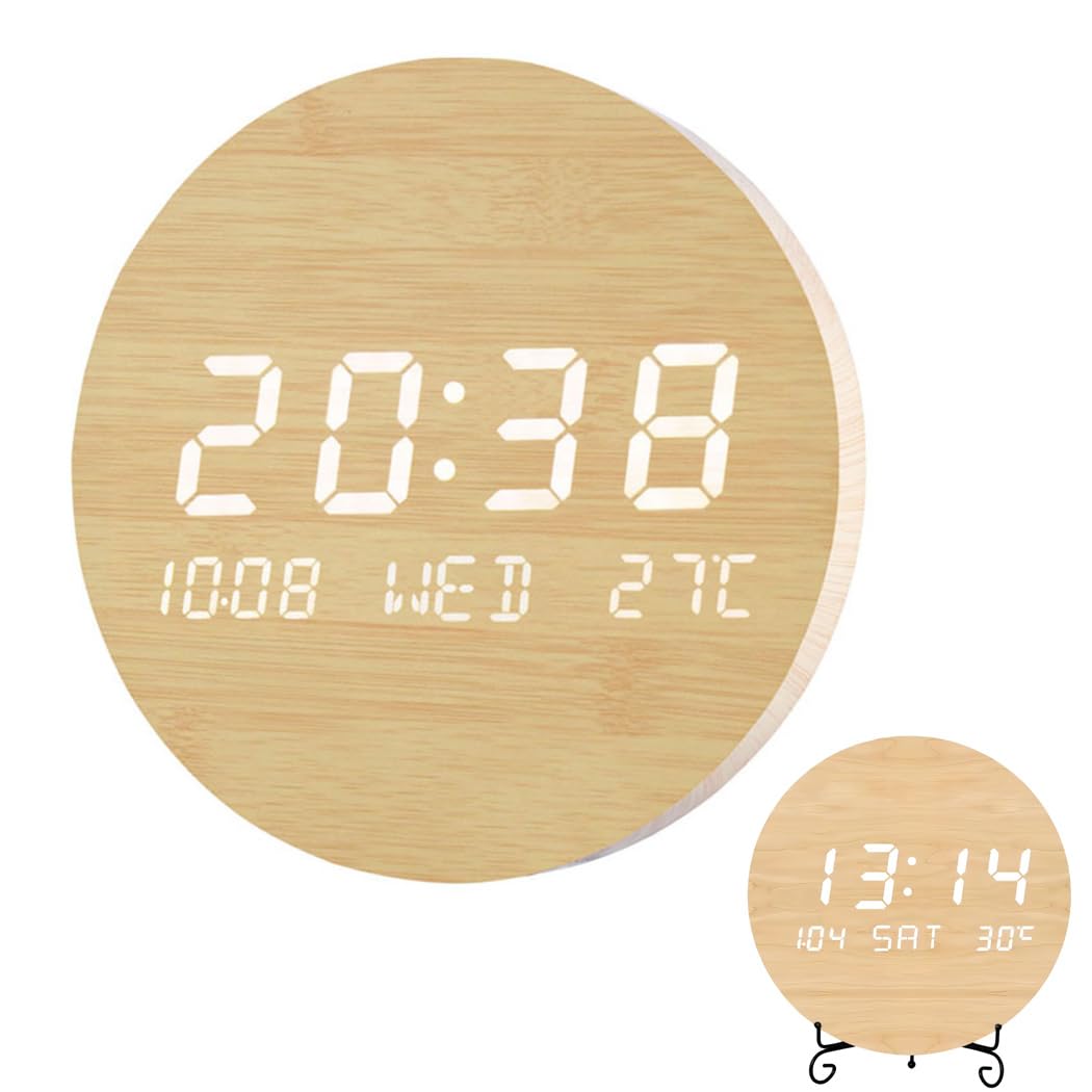 REDGO Digital Wall Clock Large Display of Time/Date/Temperatur Silent Non-Ticking Brightness Adjustment Wooden Design With Stand for Living Room Bedroom Kids Room Office School (Wooden)