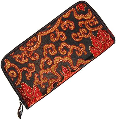 Chinese Silk Brocade Satin Pouch Rich Flowers Handbag Coin Purses Long Wallet Black