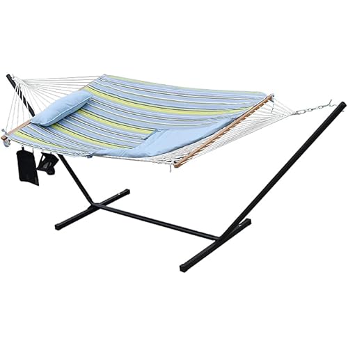 Project One Cotton Rope Free Standing Hammock with 12 Foot Portable Steel Stand and Spreader Bar, Pad, Pillow and Cup Holder Included, 400 LBS Capacity (Blue Green Stripe)
