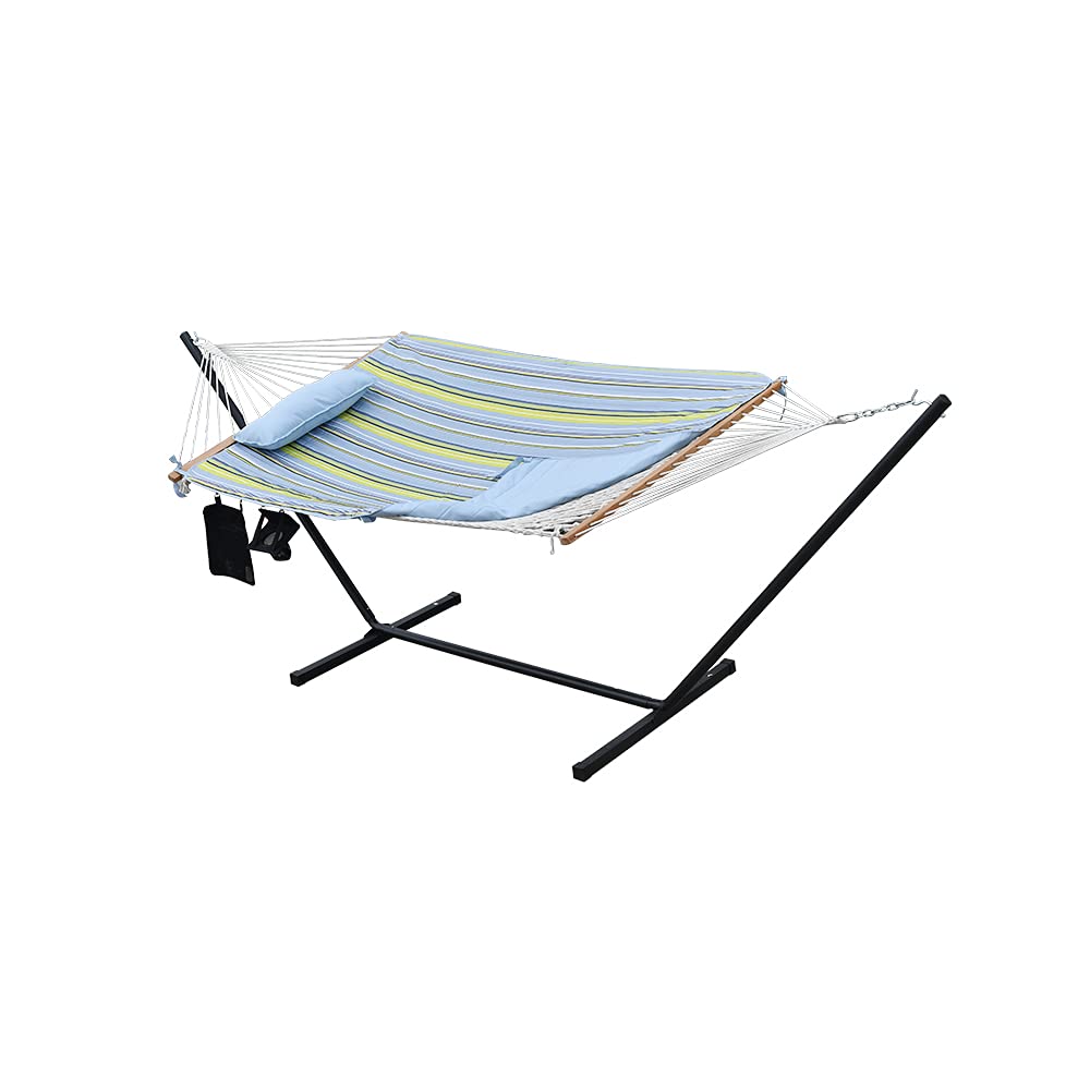 Project One Cotton Rope Free Standing Hammock with 12 Foot Portable Steel Stand and Spreader Bar, Pad, Pillow and Cup Holder Included, 400 LBS Capacity (Blue Green Stripe)