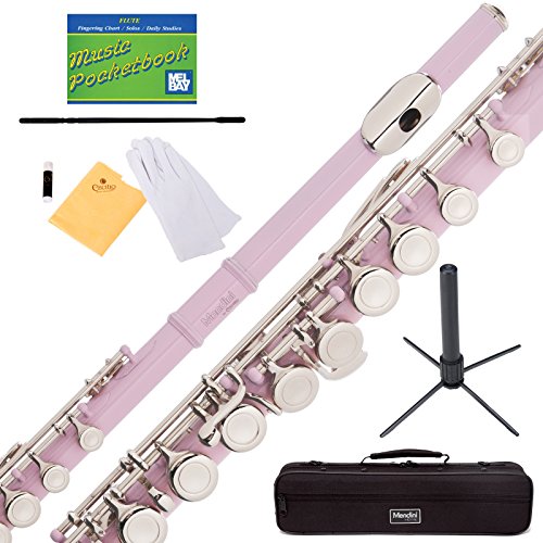 Mendini Closed Hole C Pink Flute with Stand, 1 Year Warranty, Case, Cleaning Rod, Cloth, Joint Grease, and Gloves - MFE-PK+SD+PB