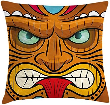 ERCGY Tiki Bar Decor Throw Pillow Cushion Cover, Cartoon Style Angry Looking Tiki Warrior Mask Colorful Icon Totem Culture, Decorative Square Accent Pillow Case, 18 X 18 inches, Multicolor