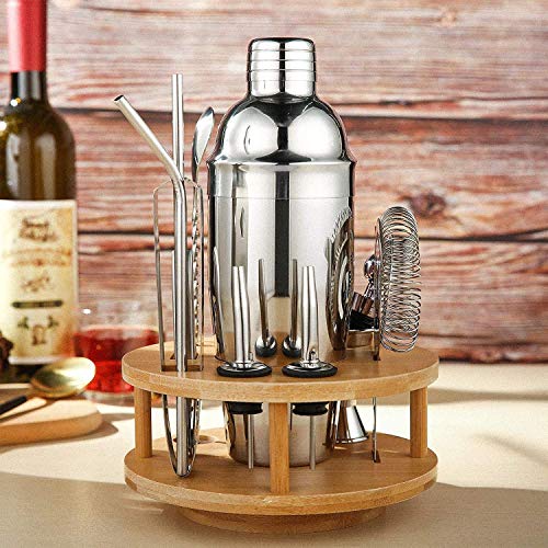 Lanseyqo Cocktail-Shaker-/Mixer-Set mit drehbarem Bambus-Ständer, Edelstahl-Barkeeper-Set für Zuhause, Küche, Bar, 13… – Bild 3