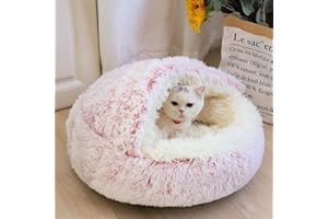 Geizire Small Dog Bed & Cat Bed, Round Donut Calming Cat Beds, Anti-Anxiety Cave Bed with Hooded Blanket for Warmth and Security - Machine Washable, Water/Dirt Resistant Base (Small, Pink)