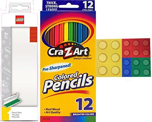 LEGO Pencil Box w/ CraZart 12 Colored Pencils and small Brick Writing Tablet Bundle