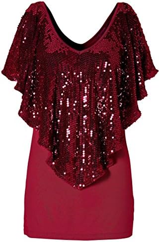 Withchic Red Sequin Patchwork V Neck Cape Sleeve T-shirt Women Basic Top L