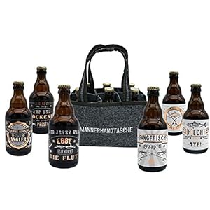 Jack’s Männerhandtasche Angler/gefüllt mit 6 Bierflaschen/witzige Sprüche zum Thema Angeln/Herrengeschenk/Partygeschenk…