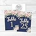 Hadley Designs 1-25 Navy Blush Floral Table Number Double Sided Signs for Reception, Restaurant, Birthday Event, Calligraphy Printed Numbered Card Centerpiece Decor Setting Reusable Frame Stand (4x6)