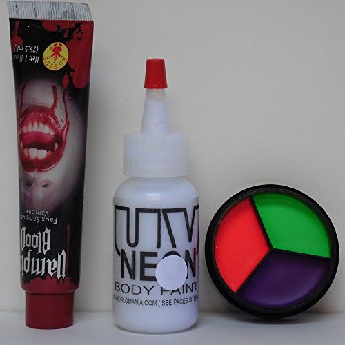 Vampire Make Up Set for Halloween w/ UV Neon 3 Color Cream Palette, Body Paint, &amp; Fake Blood, Black Light, Rave, Party
