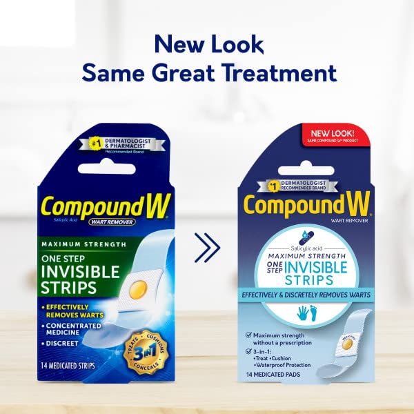 COMPOUND W MAXIMUM STRENGTH ONE STEP INVISIBLE WART REMOVER STRIPS WITH SALICYLIC ACID, WATERPROOF, DISCREET WART REMOVAL BANDAGES FOR COMMON AND PLANTAR WARTS, 14 COUNT