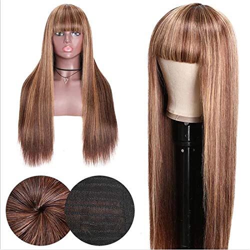 Beauty-Forever-Honey-Blond-Ombre-Highlight-Silk-Straight-Wig-With-Bangs-Glueless-None-Lace-Human-Hair-Wigs-for-Women-Brazilian-Virgin-Hair-Full-Machine-Made-Wig-Breathable-Net-Cap-20-Inch
