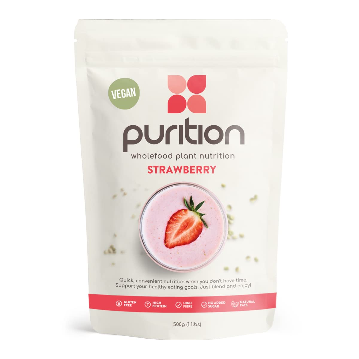 Purition Vegan Strawberry, Natural, Gluten Free, High Protein, Dairy Free, Low Sugar, Keto, Meal Replacement Shake for Healthy Weight Management, 500g, 12 servings