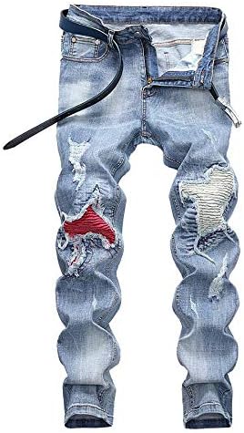 Creazrise Men's Ripped Slim Straight Fit Jeans with Zipper Deco Frayed Patchwork Basic Pants