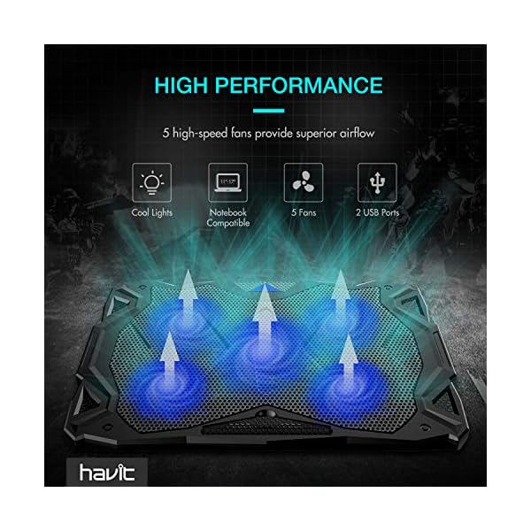 HAVIT-Laptop-Cooling-Fan-Portable-Cooling-Pad-with-5-Quiet-Fans-and-2-USB-Ports-for-Up-to-17-Laptops-F2068-BlackBlue HAVIT Laptop Cooling Fan, Portable Cooling Pad with 5 Quiet Fans and 2 USB Ports, for Up to 17” Laptops, F2068 (Black…