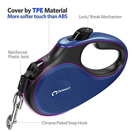 Peteast Retractable Dog Leash Small Breed, Patented Dog Leash for Small Dog, Leash Up to 26lbs, 10ft, Portable Design with One Button Brake/ Lock, Comfortable Hand Grip,Blue