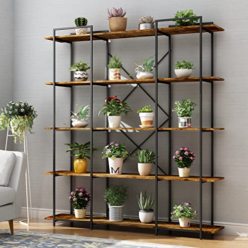 Auromie Triple Wide 5 Tier Bookshelf, 70.8’’ H x 63’’ W Rustic Etagere