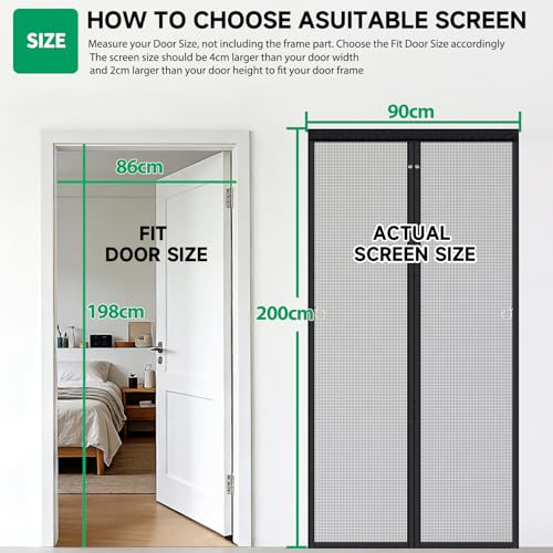 Magnetic Fly Screen Door, Fibreglass Mesh with Full-Length Magnets, NO Gap Auto Closes Kid and Pet Friendly Patio Exterior Door Curtains to Stop Flies Without Drilling (90x200cm, Black)