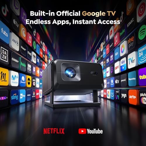 【Built-in Google TV】Smart 4K Projector for Home Cinema, Native 1080P Portable Short-Throw Projector with Apps, Auto Focus & 6D Keystone, WiFi 6 Bluetooth 5.3 Movies Projectors for Bedroom, Outdoor