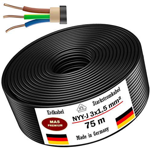 Erdkabel Starkstromkabel Von 5m bis 170m NYY-J 3x1,5 mm² Elektrokabel Ring zur Verlegung im Freien, Erdreich (75m)