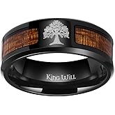 King Will 8mm Black Titanium Ring Wood/Blue Opal Inlaid Laser Tree/Diver Wedding Ring High Polished for Women Men Beveled Polished Edge
