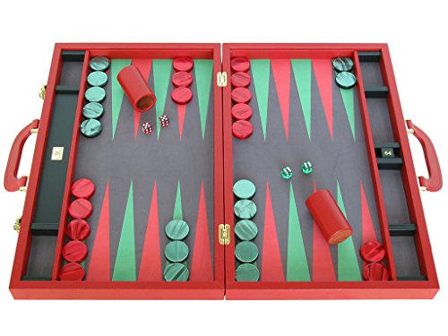 Leather/Microfiber Backgammon Set - (23" Large Attache Case, Zaza & Sacci) - Red