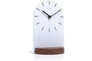 SOFFEE DESIGN One-Piece Table Clock Iron Sheet with Wooden Base Ins Style, Desktop Clock Non Ticking Battery Operated for Living Room Bedroom Home Decor, White