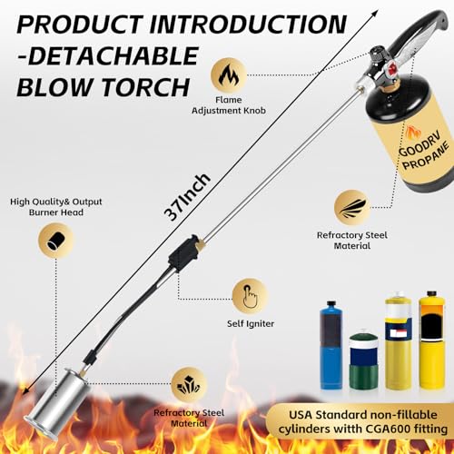 RUBDARK Propane Torch Weed Burner, High Output Weed Torch Flamethrower, 37" Heavy Duty Detachable Blow Torch for Garden,Wood,Stumps,Melting Ice,Snow Removal,Roofing,Camping,Outdoor (Tank Not Included)
