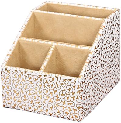 Fifriver Remote Control Organizer Caddy - PU Leather Pen Pencil Holder - Home School Office Desk Supplies Box - Accessories Storage Container (GoldW)