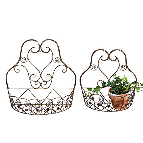 French Country Wall Basket for Plants, Set of 2, Crested Arabesque, Curled Iron, Bronze Tone, Garden Pot Holders, 1-15 1/2 x 5 1/2, and 2-12 1/2 x 5 1/2 Inches