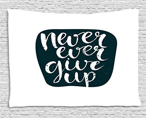 Motivational Tapestry, Never Ever Give Up Quote with Grunge Rough Typography Calligraphy Art, Wall Hanging for Bedroom Living Room Dorm, 60 W X 40 L Inches, Dark Blue White