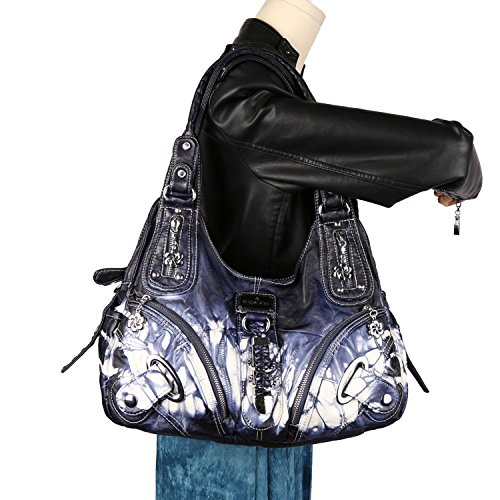 Angelkiss Women Multiple Pockets Purses and Handbags Washed Leather, Two Top Zippers Closure, Deep Blue - Thumbnail 6