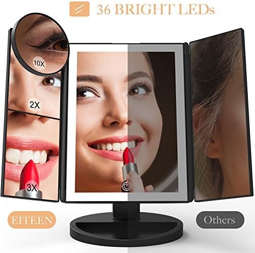 Makeup Mirror with Lights and Magnification，Upgraded 36 LEDs Vanity Mirror with 10X 3X 2X 1X Magnifying Mirrors , Touch Dimmer , 180° Rotatable, USB/AAA Batteries Dual Power Supply - Elegantly Black