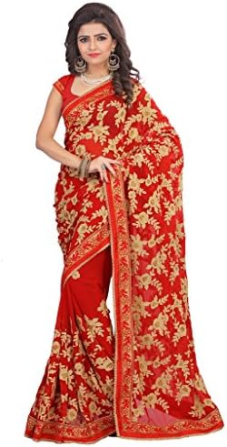 Latest Designer Women's Red Georgette Saree with Embroidery work by Fashions World
