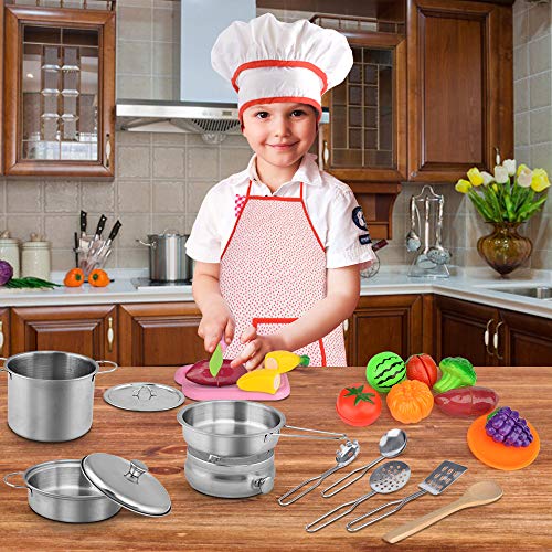 Exqline Kids Kitchen Pretend Play Toys - 25 Pcs Included Stainless Steel Stove and Cookware Pots and Pans Set, Cooking Utensils Accessories, Cutting Vegetables & Fruit, Apron & Chef Hat for Girls Boys