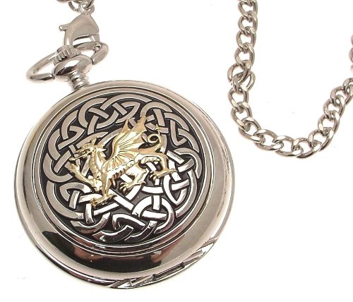 Solid pewter fronted mechanical skeleton pocket watch Two Tone celtic knot with dragon design 59