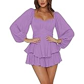LYANER Women's Jumpsuit Lantern Long Sleeve Ruffle Layer Tie Mini Short Romper