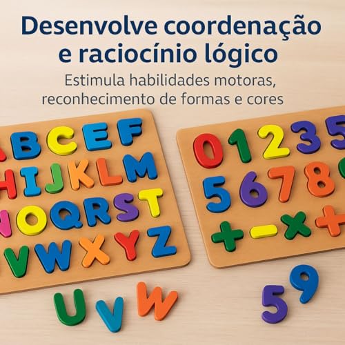 Kit 2 Brinquedos Educativo Tabuleiro Letras e Numeros 43 Peças Brinquedo Didático Encaixe Madeira Premium