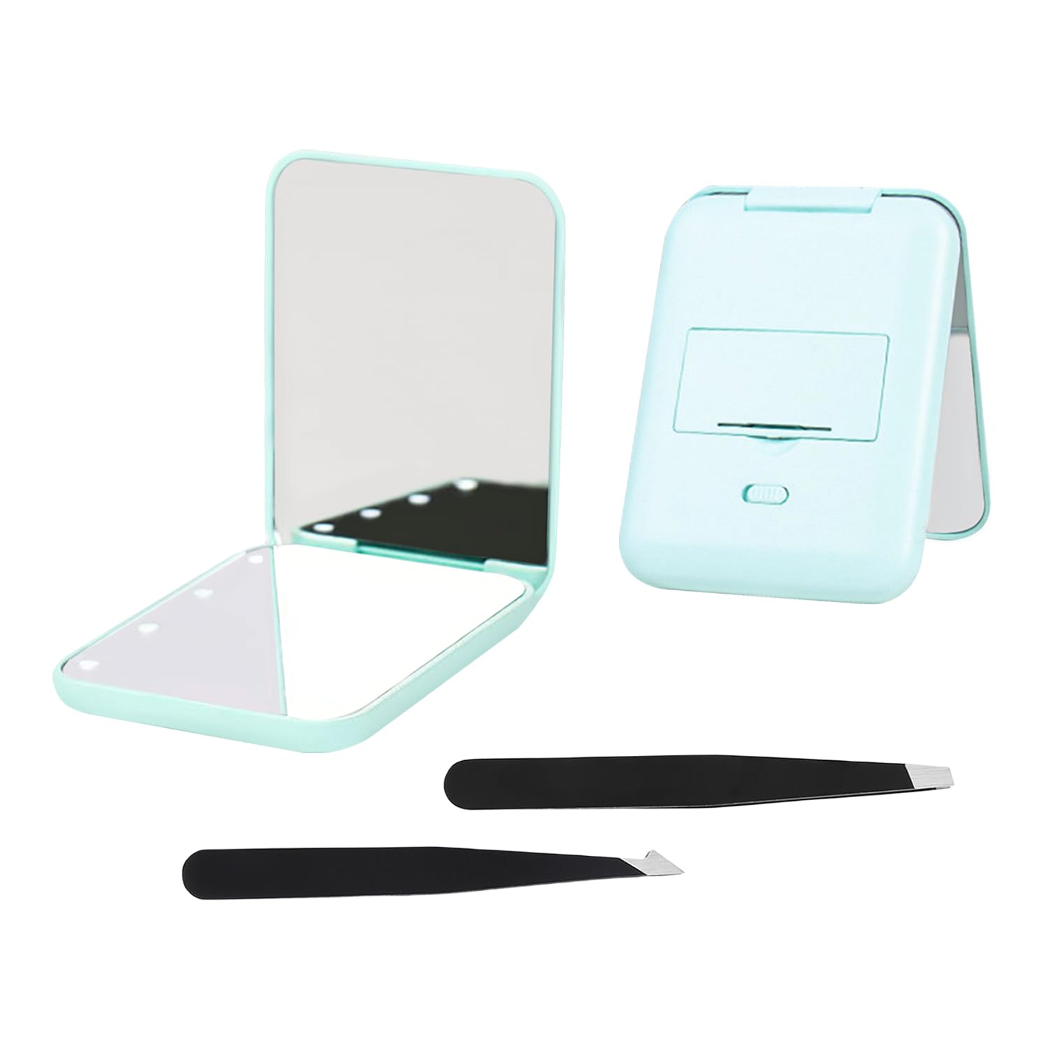 GVSAVY Lighted Makeup Mirror, 1x/3x Magnifying, With 2 Tweezers, Handheld Folding, Travel Portable (Light Green)