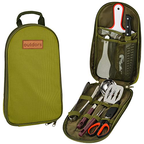 Camping Utensil Set 10pcs – Camping Cutlery Set with Water Resistant Case and Carry Handle – Portable Camping Utensil Kit for BBQ, Camping, Hiking – Camping Cutlery with Cooking and Serving Tools