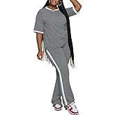 PINSV 2 Piece Sets for Women Summer Casual Short Sleeve Top and Flare Pants Lounge Sets
